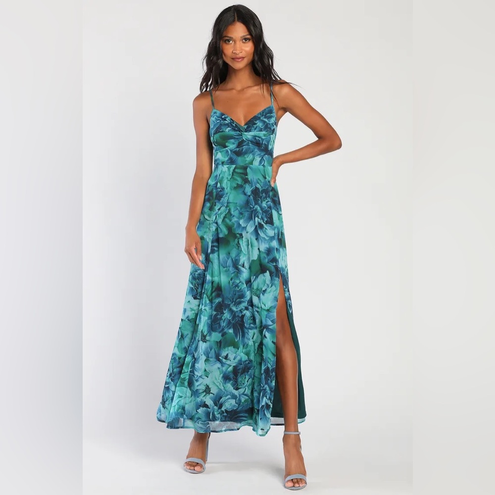 Lulus Beautiful Soul Teal Green Floral Print Twist-Front Maxi Dress Size Small